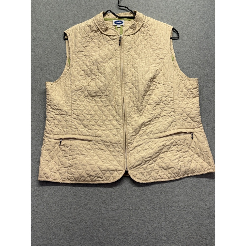Tabi Womens Quilted Vest‎ Beige Full Zip Mock Neck Pockets Size L CA05884